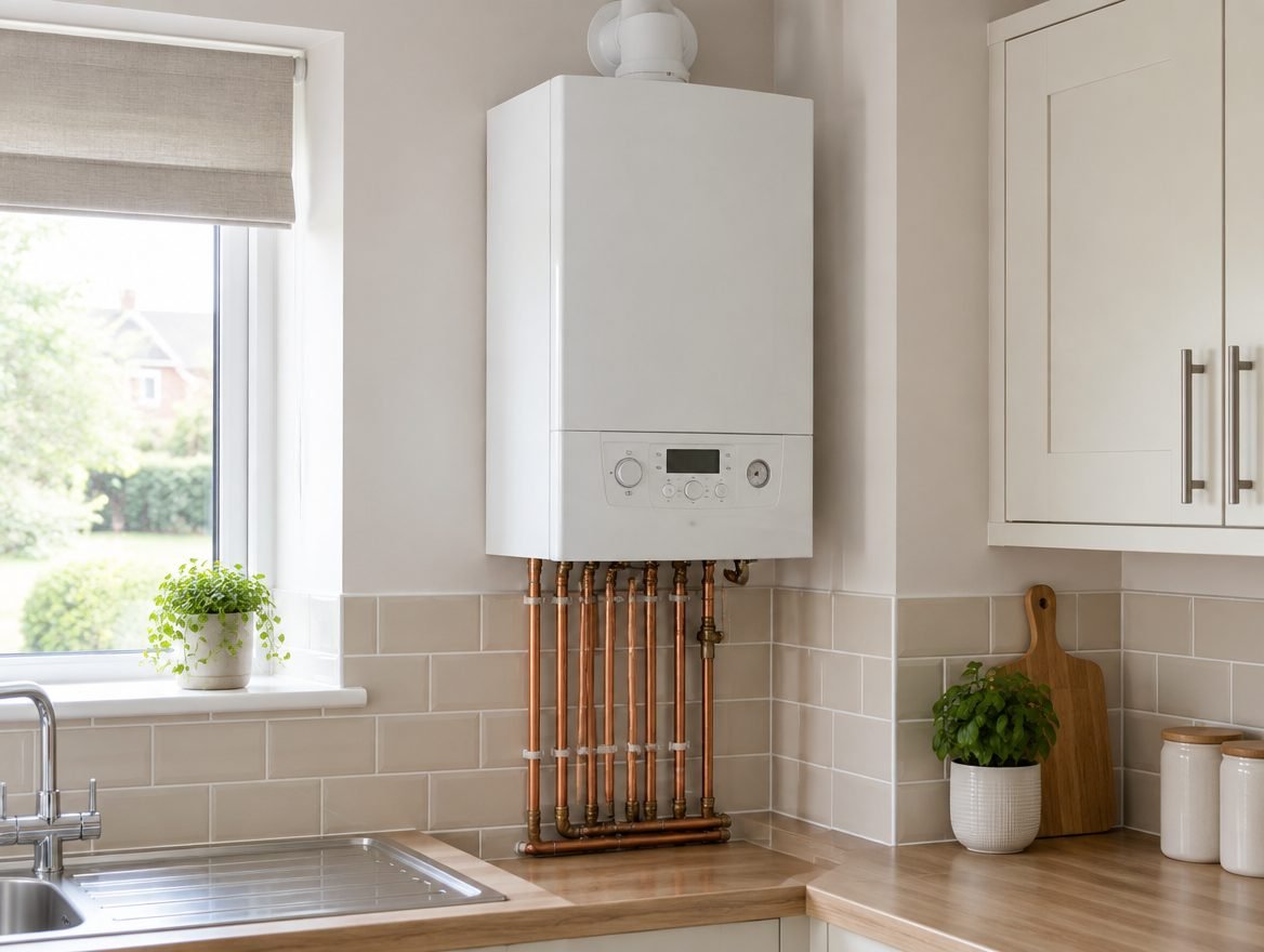 Modern combi boiler on a kitchen wall